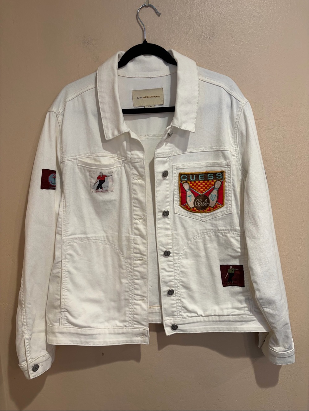 Upcycled Pilcro White Denim Jacket w/ Sport Themed Patchwork, Unique size XL